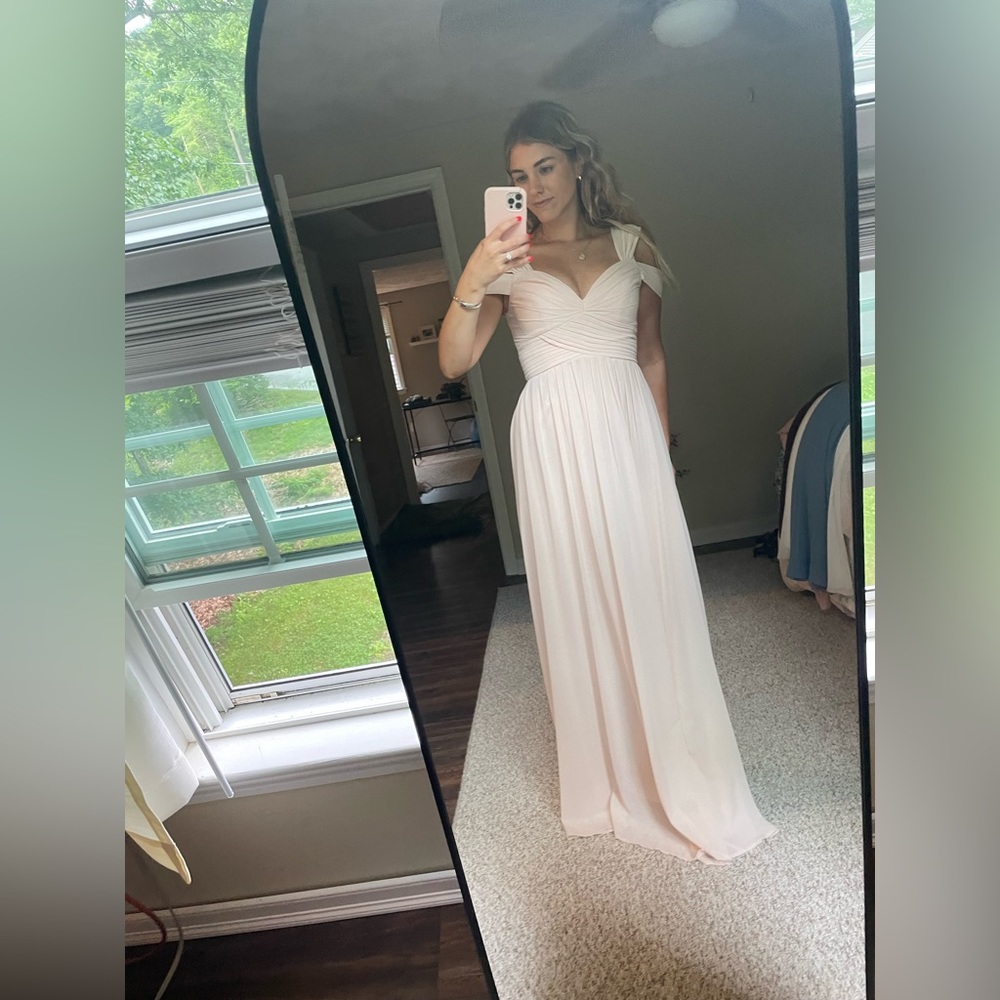 Lulus pink maxi off the shoulder bridesmaids dress